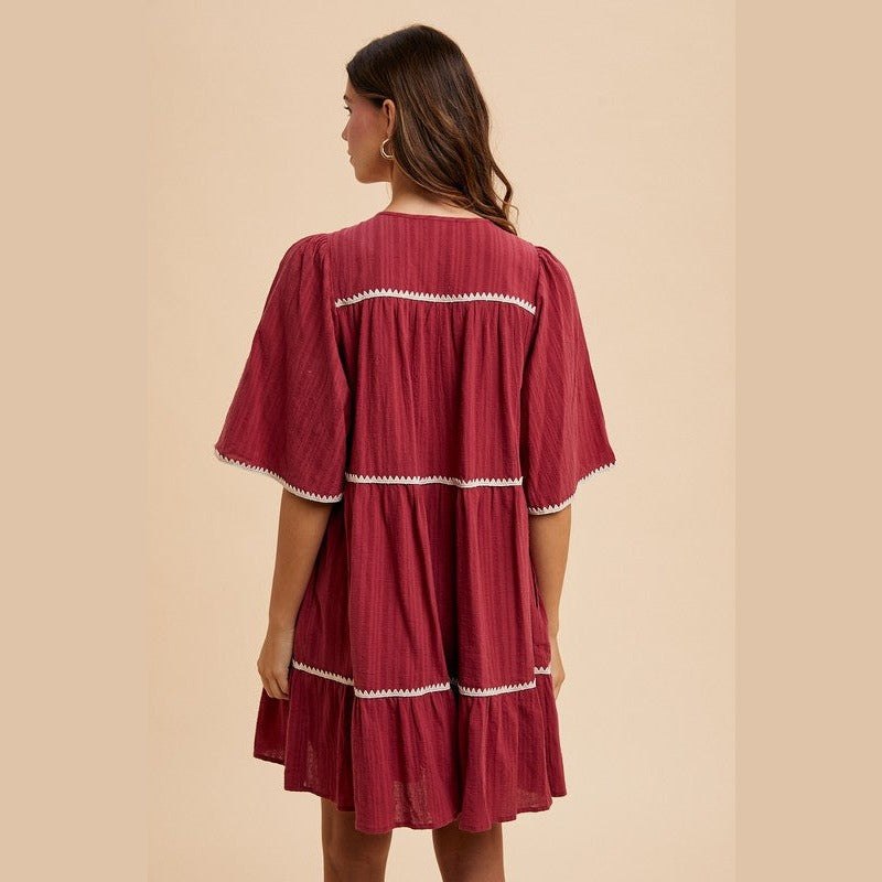 Annie Wear Tassel Contrast Trim Tie Neck Half Sleeve Tiered Dress