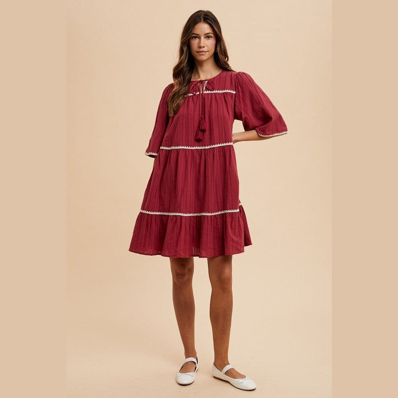 Annie Wear Tassel Contrast Trim Tie Neck Half Sleeve Tiered Dress