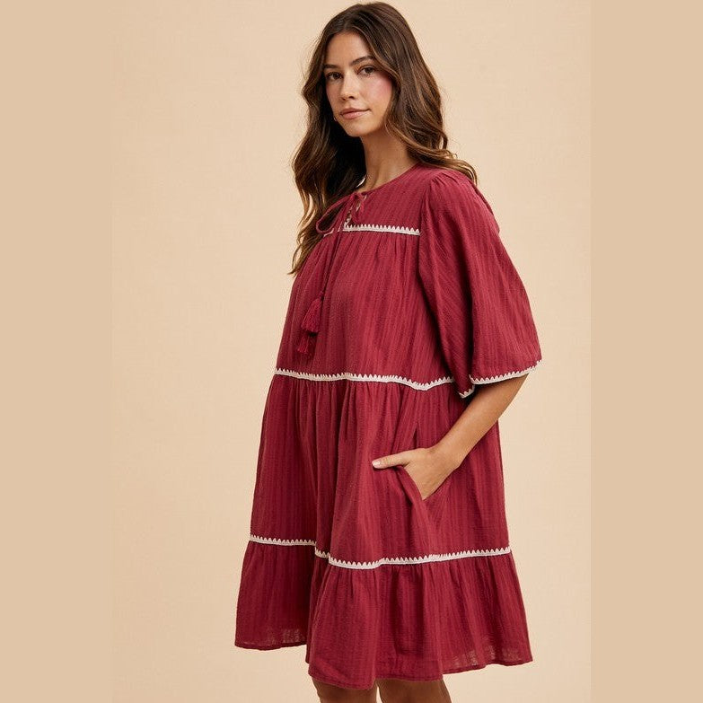 Annie Wear Tassel Contrast Trim Tie Neck Half Sleeve Tiered Dress