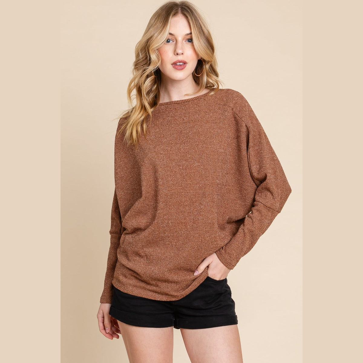 BOMBOM Drop Shoulder Long Sleeve Knit Top