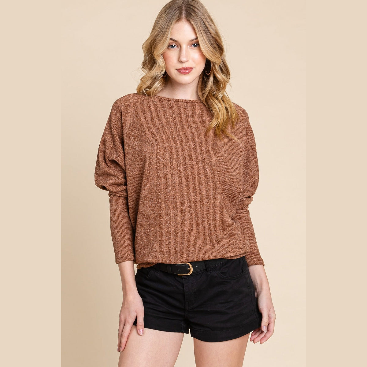 BOMBOM Drop Shoulder Long Sleeve Knit Top