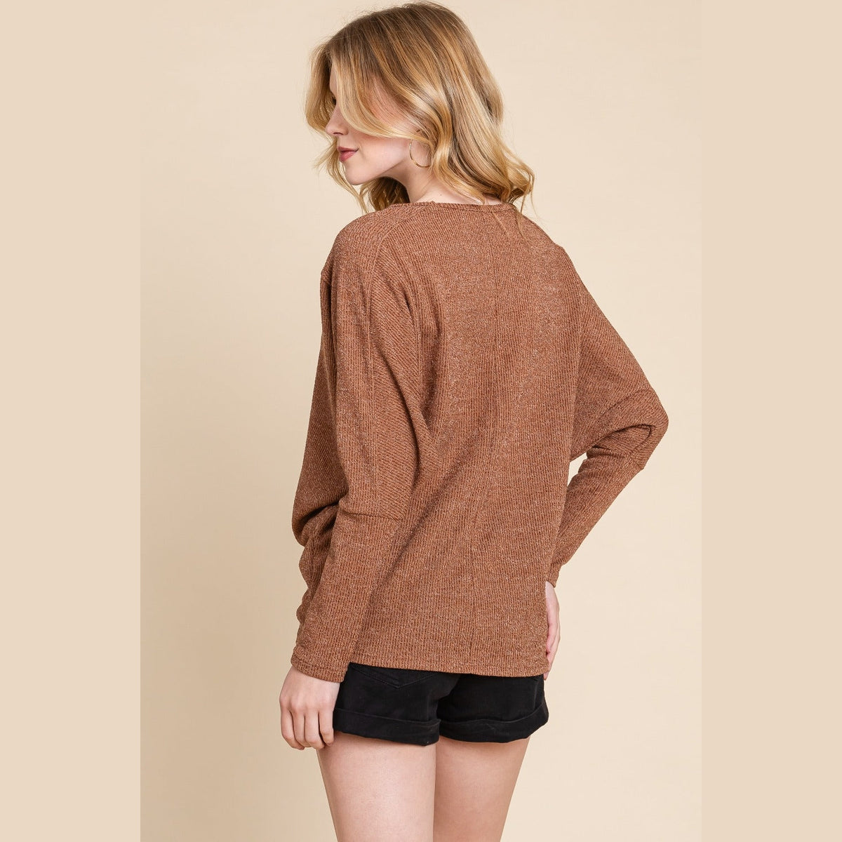 BOMBOM Drop Shoulder Long Sleeve Knit Top