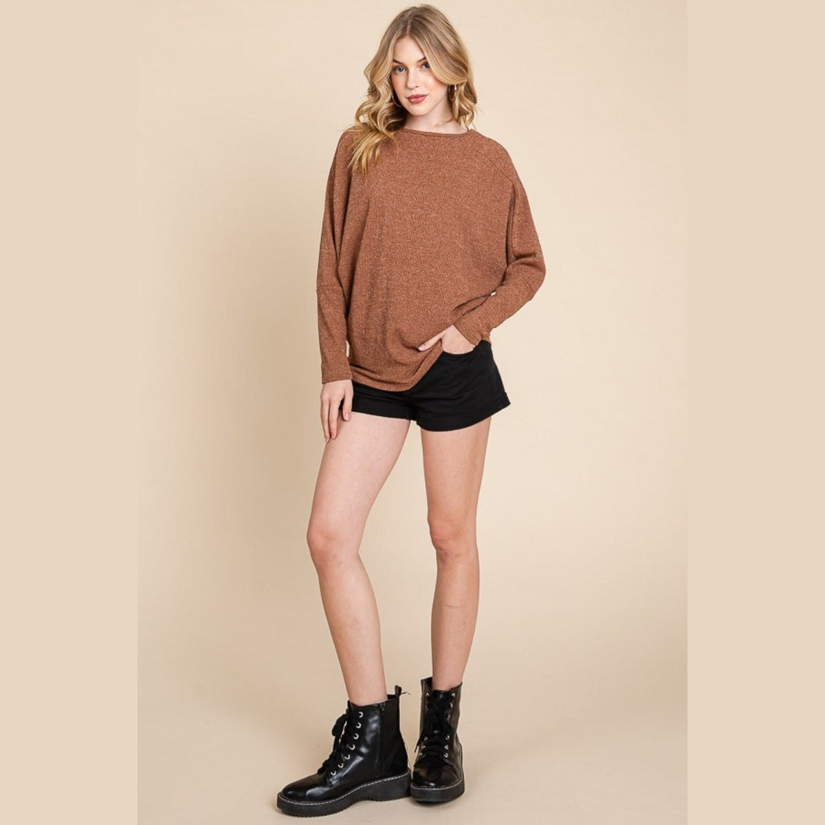 BOMBOM Drop Shoulder Long Sleeve Knit Top