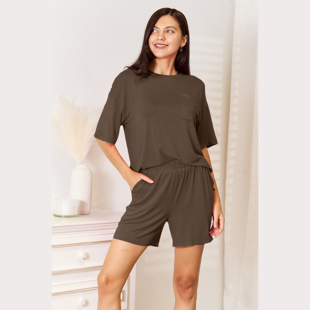 Basic Bae Bamboo Full Size Round Neck Drop Shoulder T-Shirt and Shorts Set