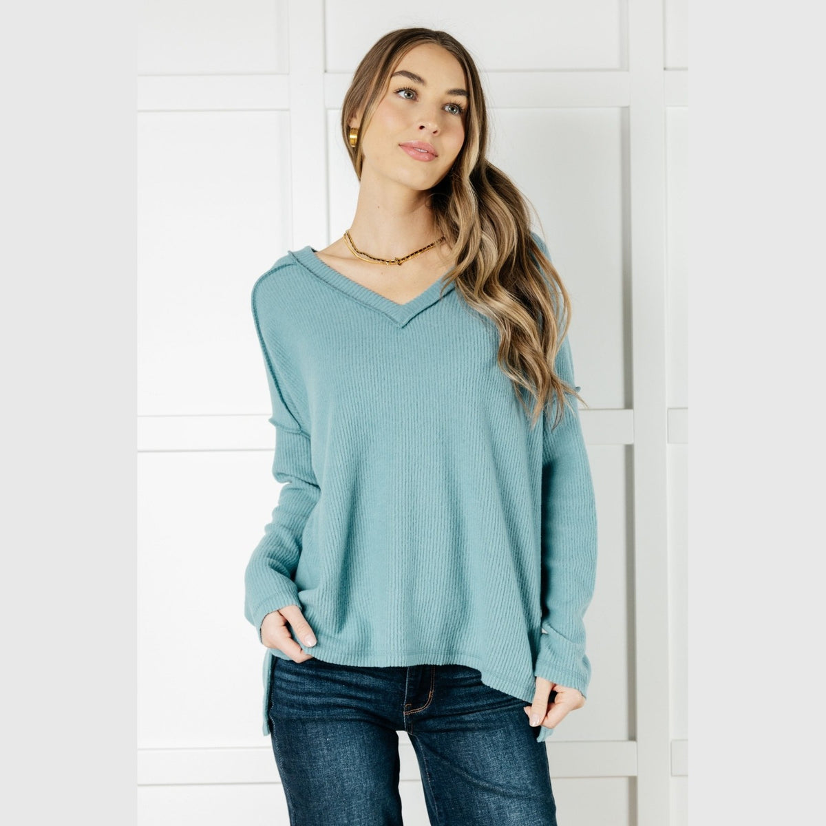 Basically Freezing Brushed Hacci Top in Dusty Teal