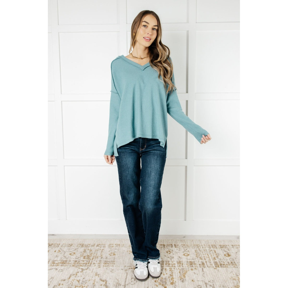 Basically Freezing Brushed Hacci Top in Dusty Teal