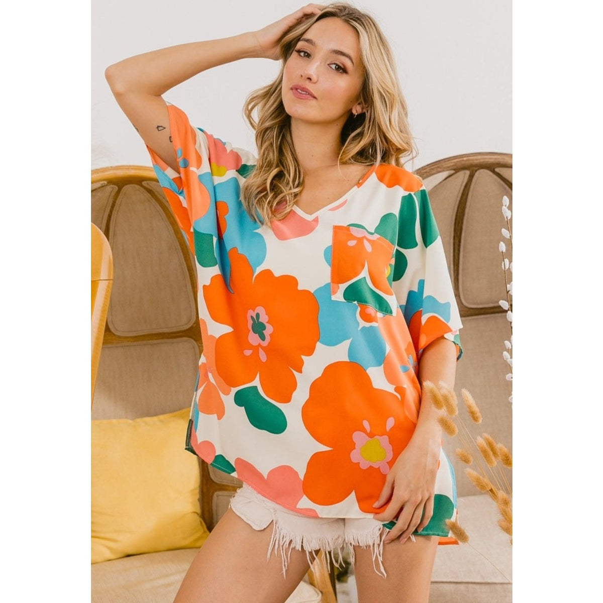 BiBi Floral V Neck Slit Side T-Shirt