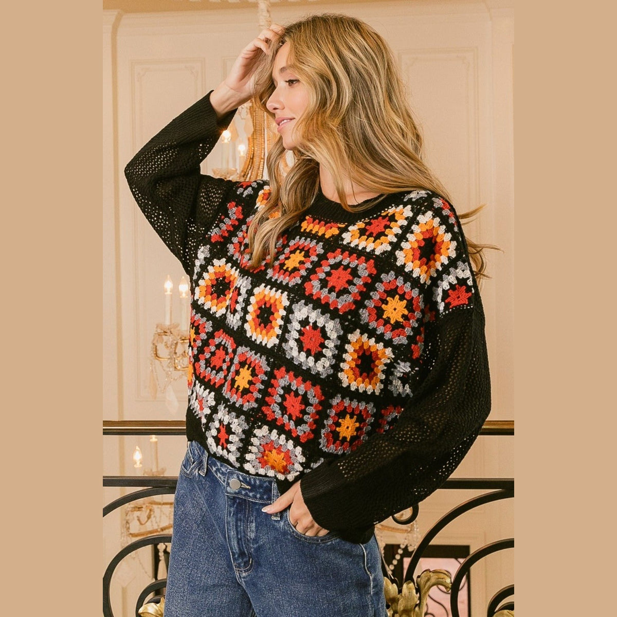 BiBi Granny Square Front Long Sleeve Top