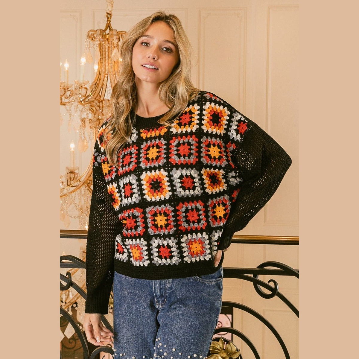 BiBi Granny Square Front Long Sleeve Top