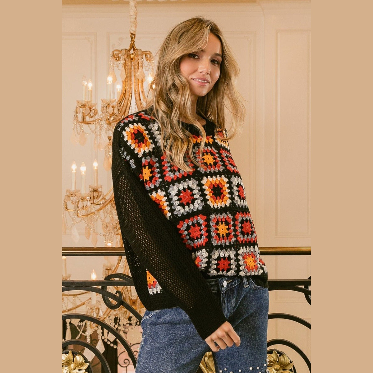 BiBi Granny Square Front Long Sleeve Top