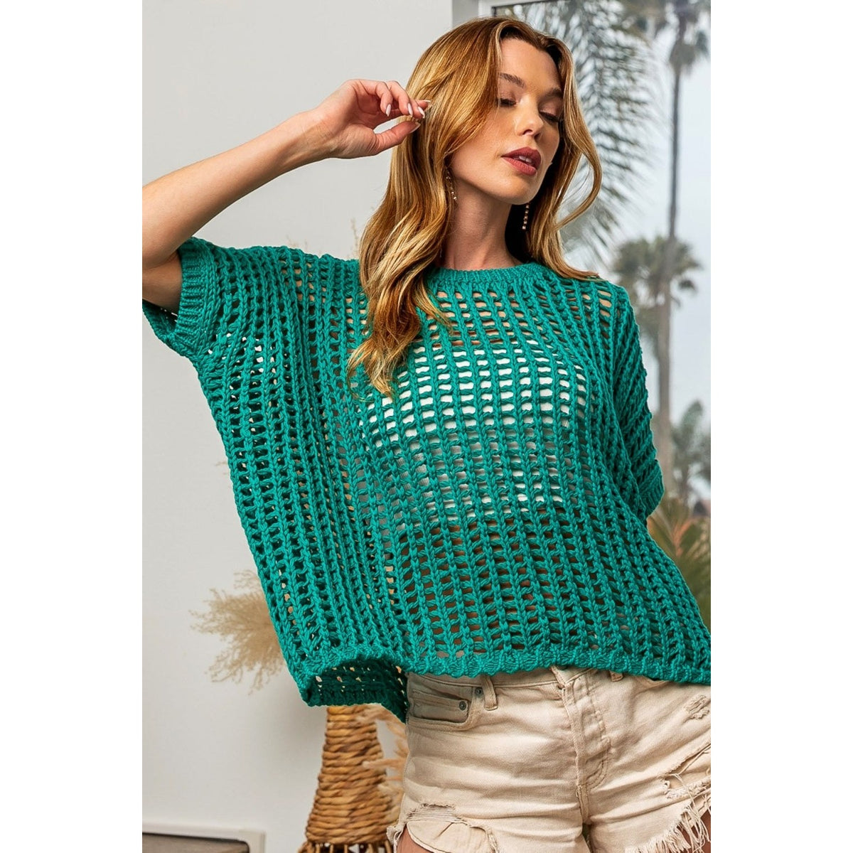 BiBi Hollowed Out Short Sleeve Knit Cover Up