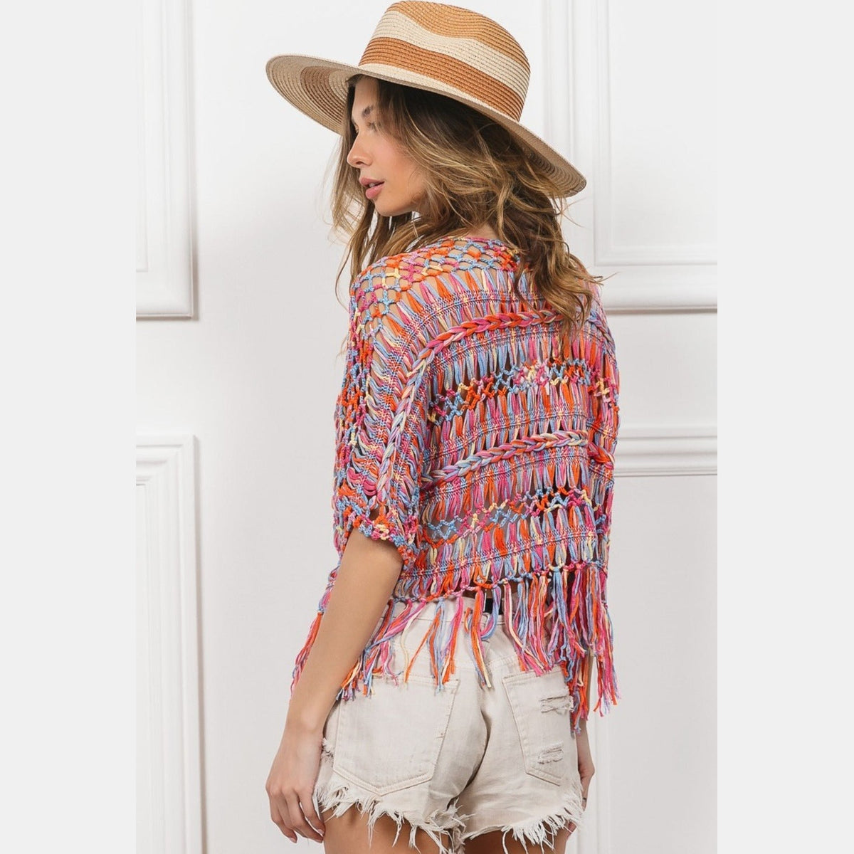 BiBi Open Front Fringed Crop Knit Cardigan