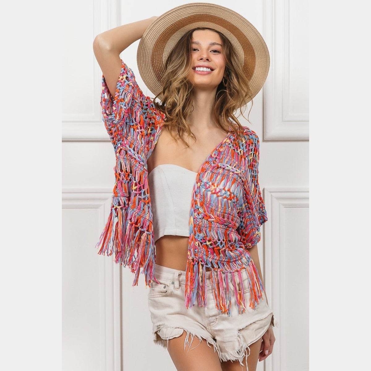 BiBi Open Front Fringed Crop Knit Cardigan