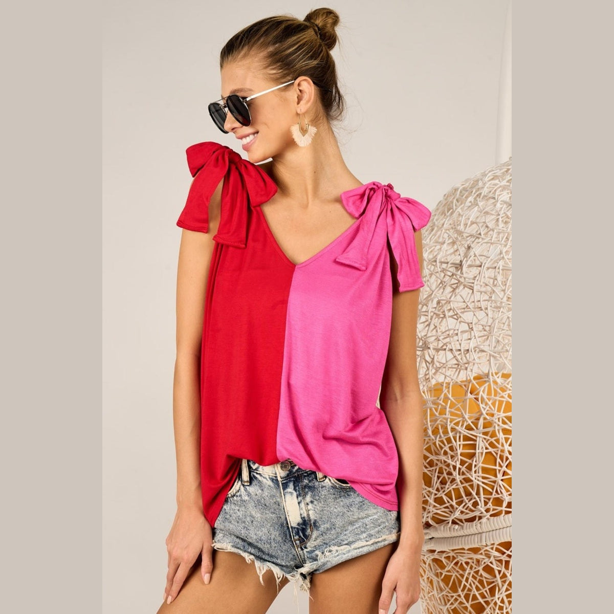 BiBi Shoulder Ribbon Tied Contrast Tank