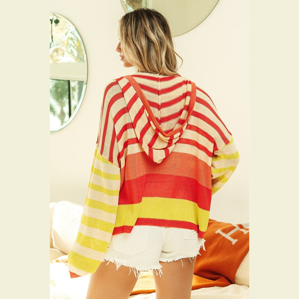 BiBi Striped Color Block Hooded Knit Top