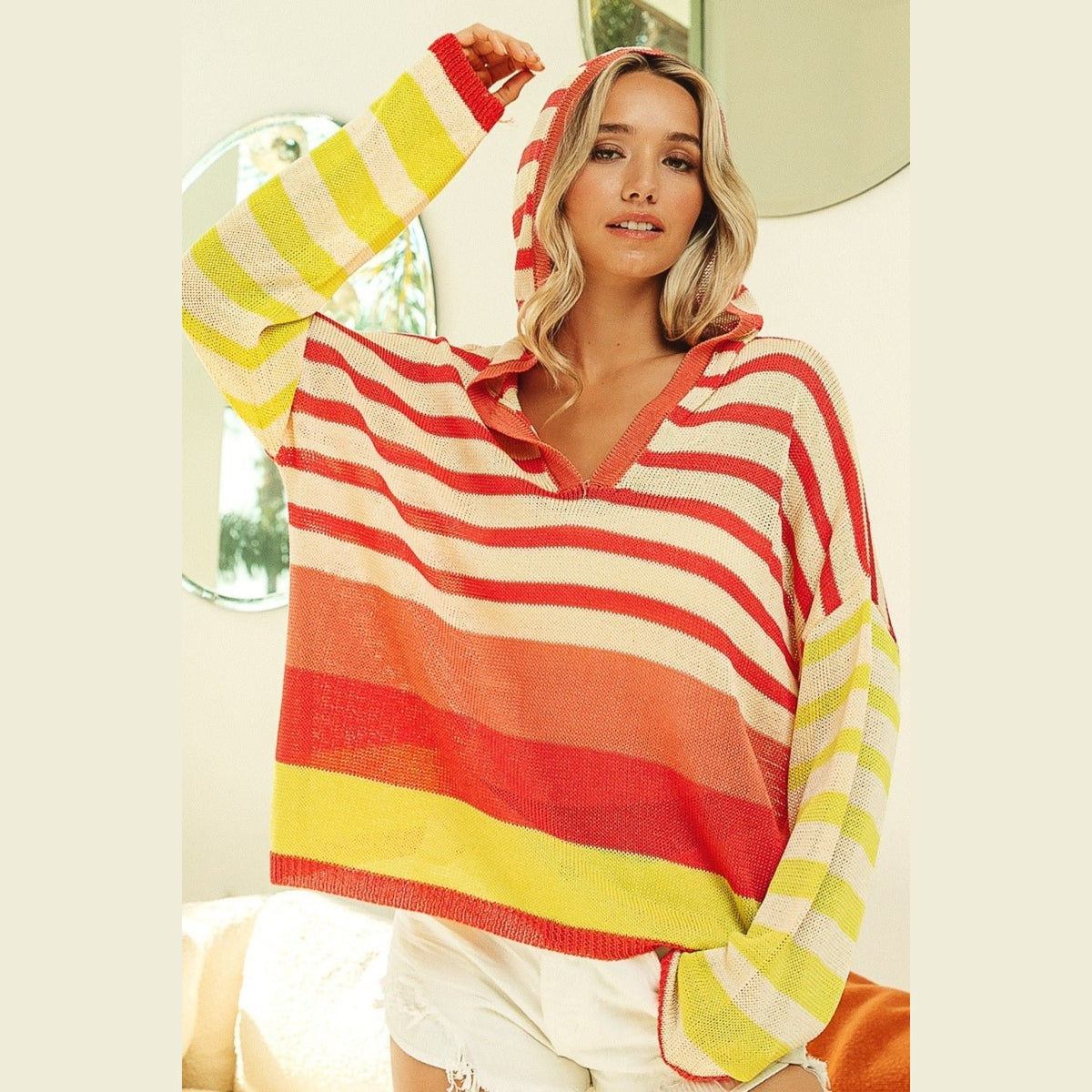 BiBi Striped Color Block Hooded Knit Top