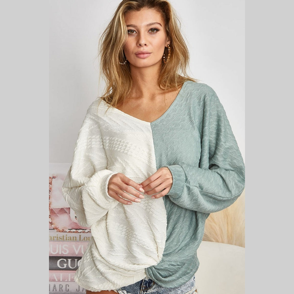 BiBi Twist Front Contrast Cable Knit Top