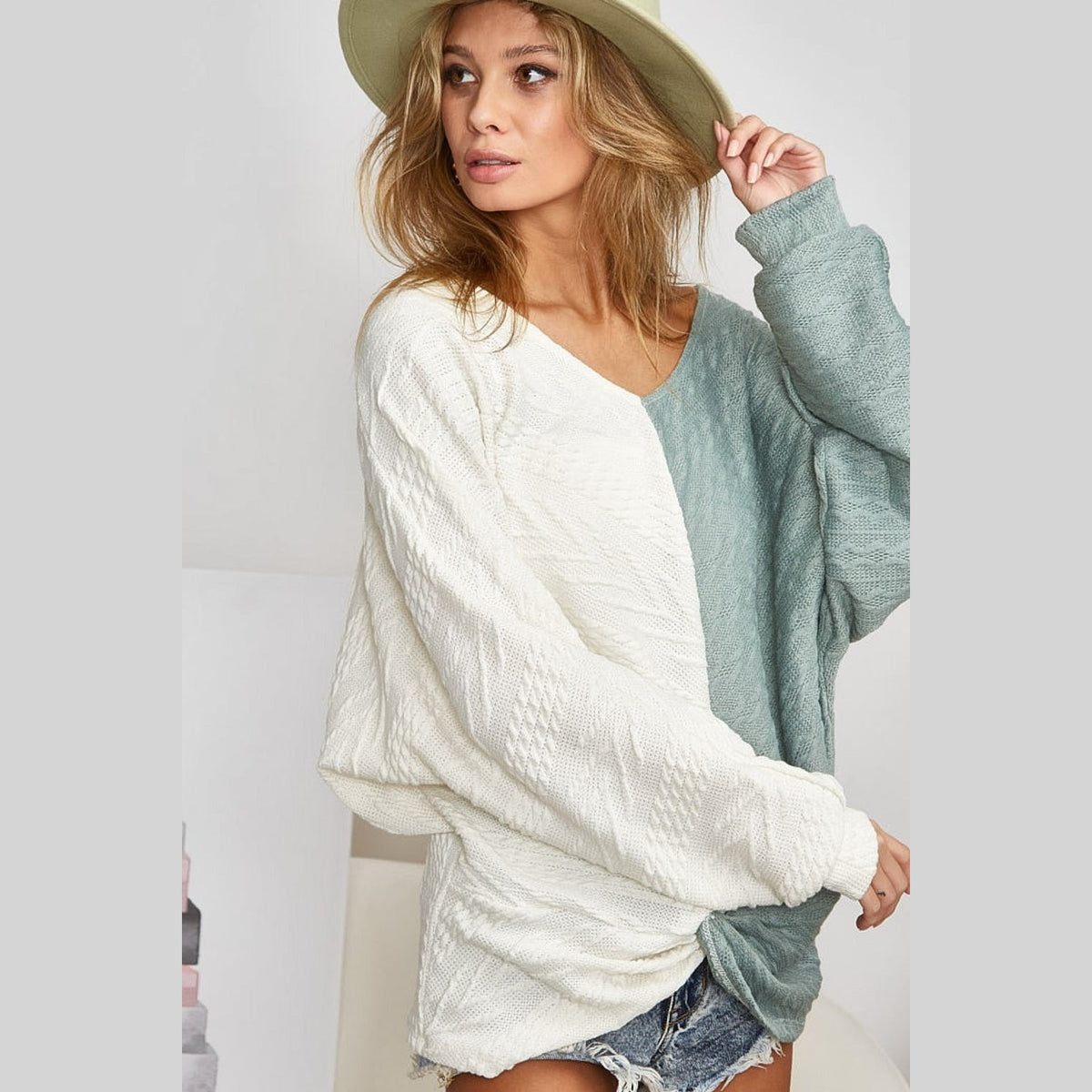 BiBi Twist Front Contrast Cable Knit Top