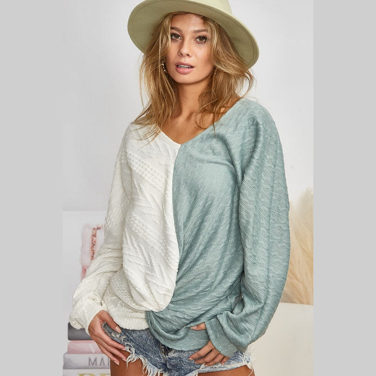 BiBi Twist Front Contrast Cable Knit Top