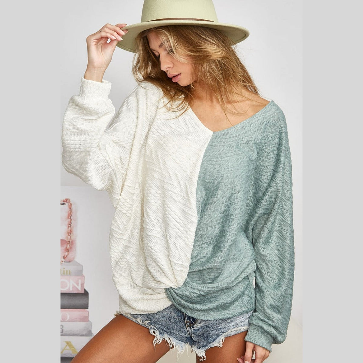 BiBi Twist Front Contrast Cable Knit Top