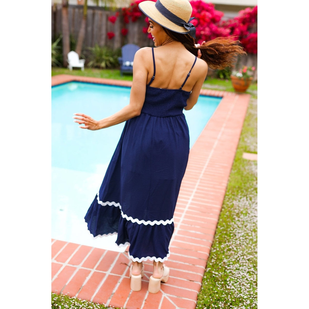 Bold & Sassy Navy Square Neck Ric Rac Trim Adjustable Straps Maxi