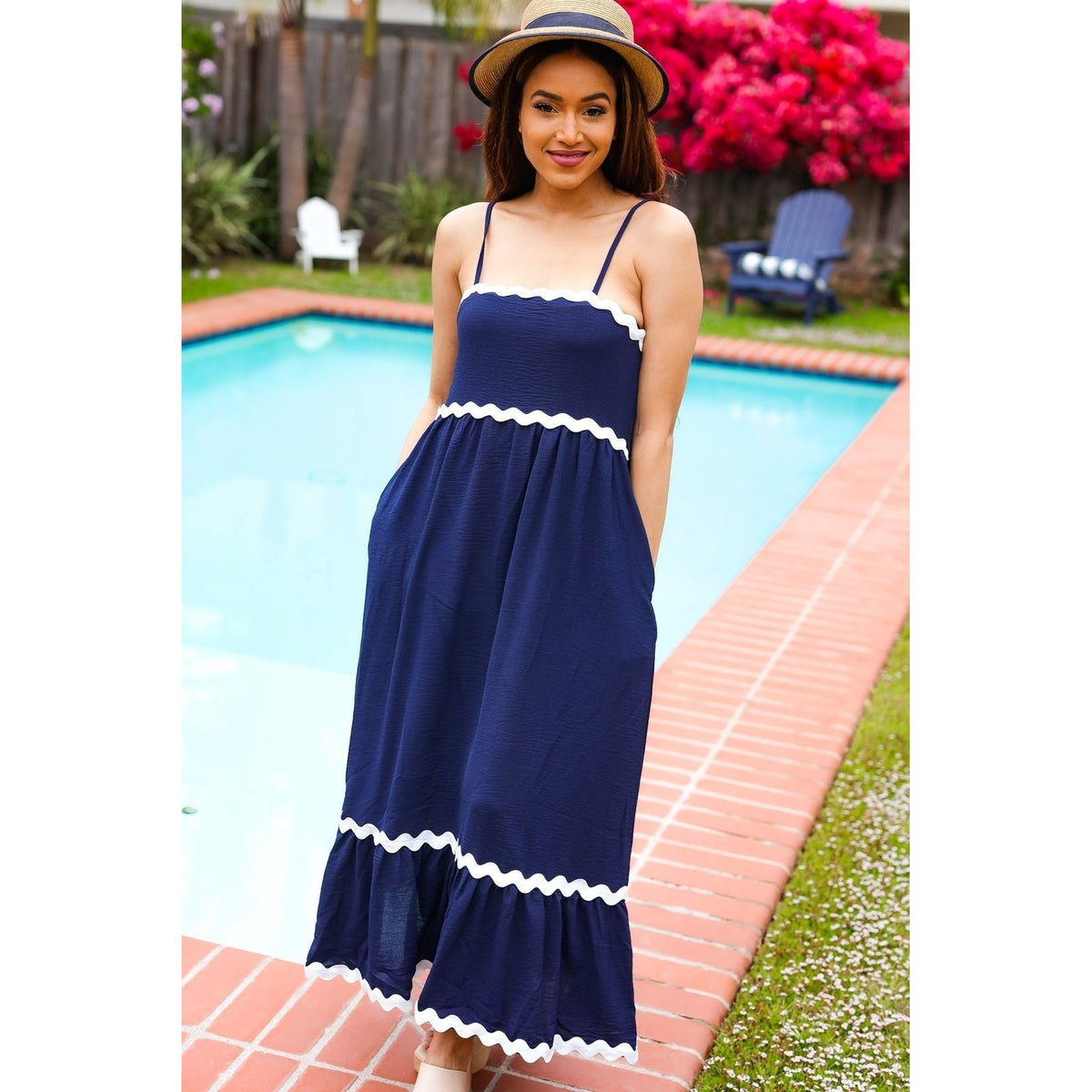 Bold & Sassy Navy Square Neck Ric Rac Trim Adjustable Straps Maxi