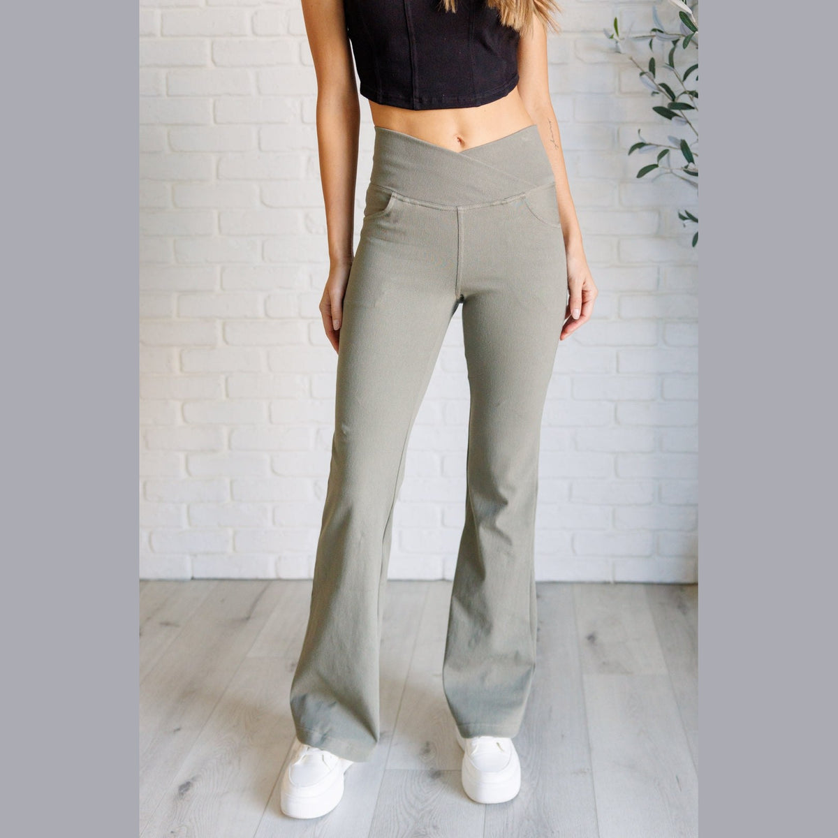 Building Habits Twill Flared Crossover Waist Pant in Dusty Olive