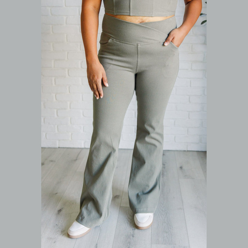 Building Habits Twill Flared Crossover Waist Pant in Dusty Olive