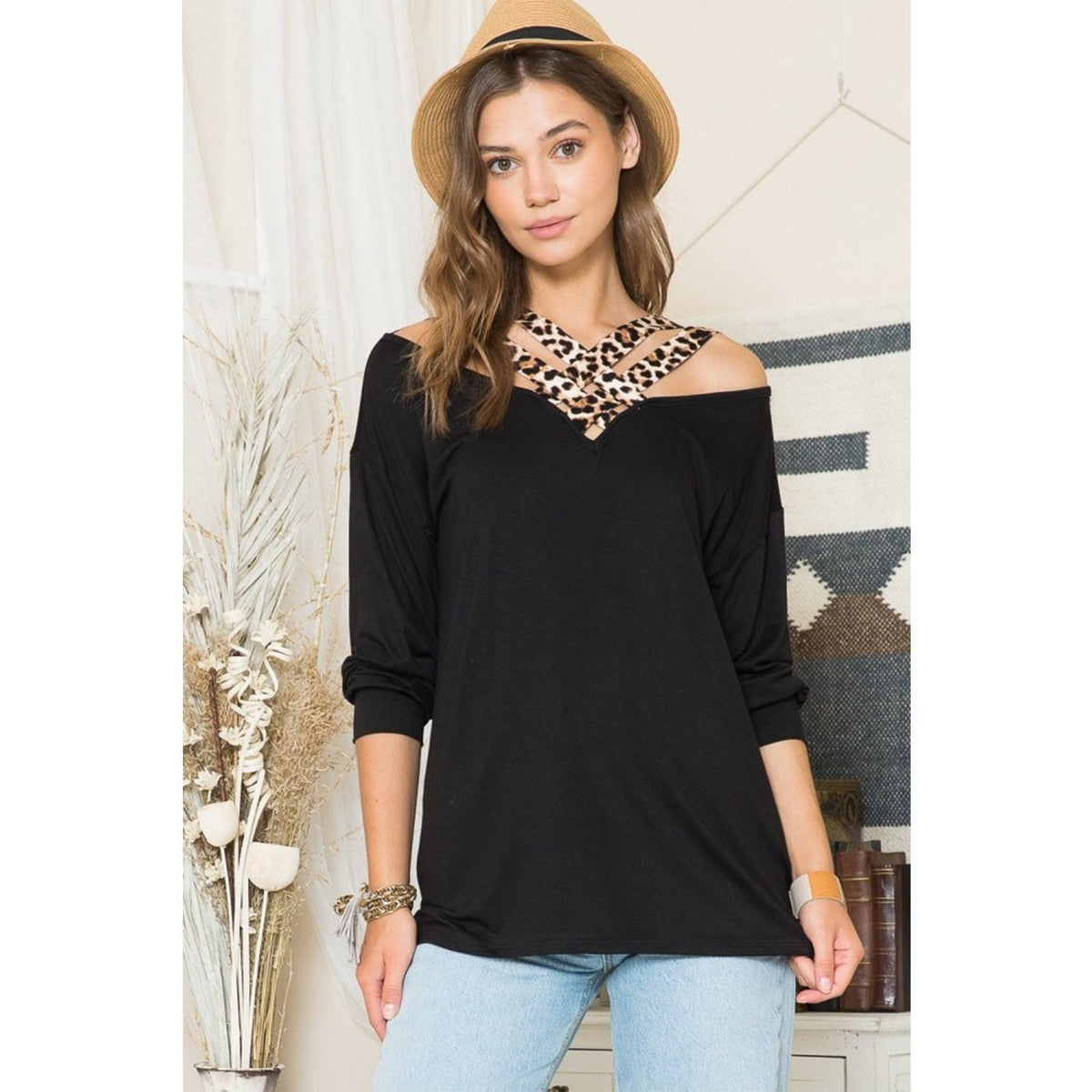 Celeste Full Size Leopard Braided Strap Long Sleeve T-Shirt