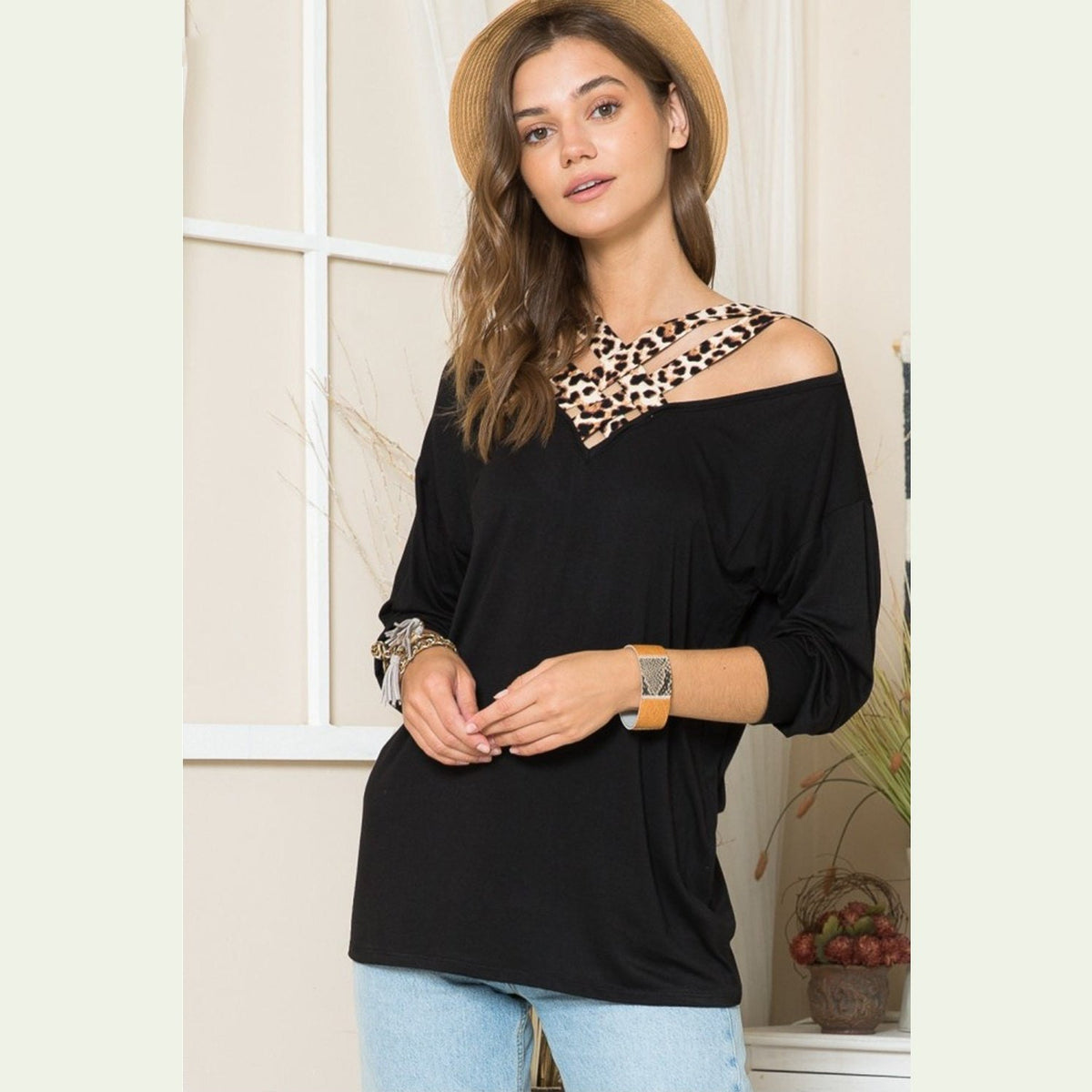 Celeste Full Size Leopard Braided Strap Long Sleeve T-Shirt