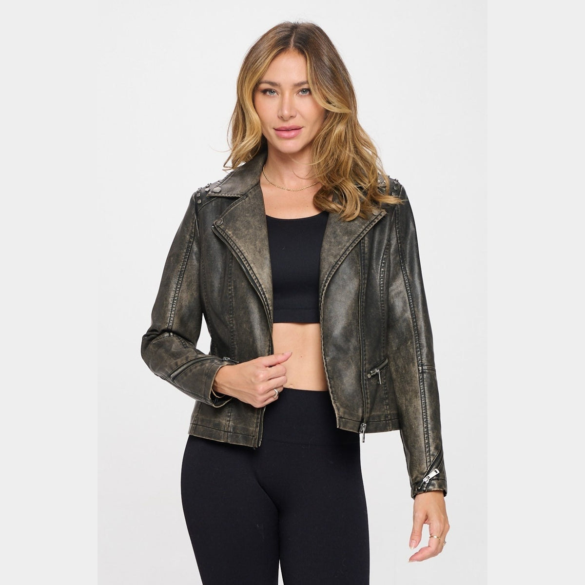 Coalition LA Studded Classic Moto Faux Leather Jacket