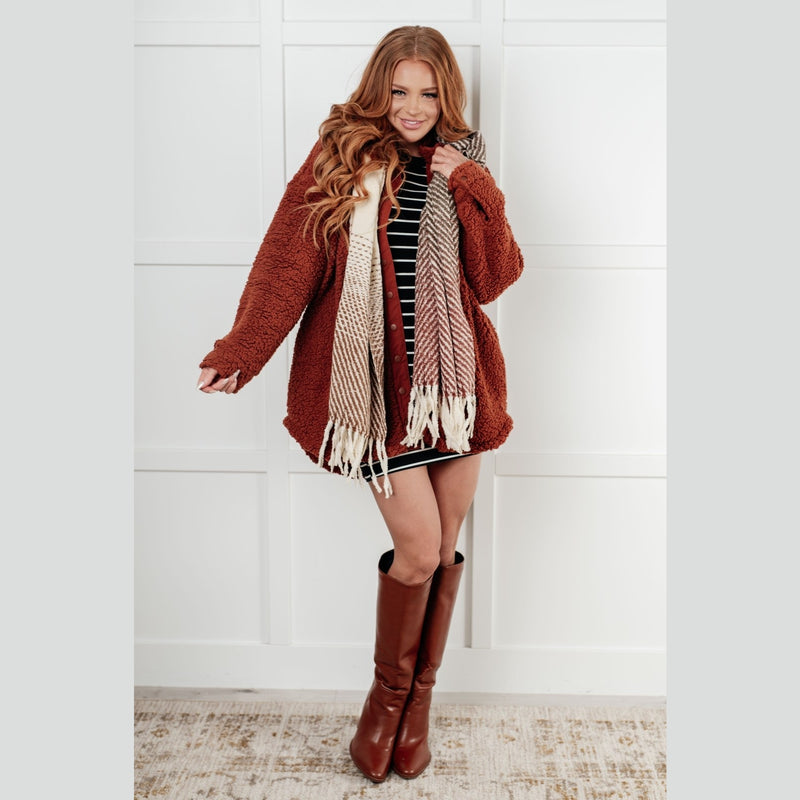 Cold Front Fringe Scarf in Coffee and Red