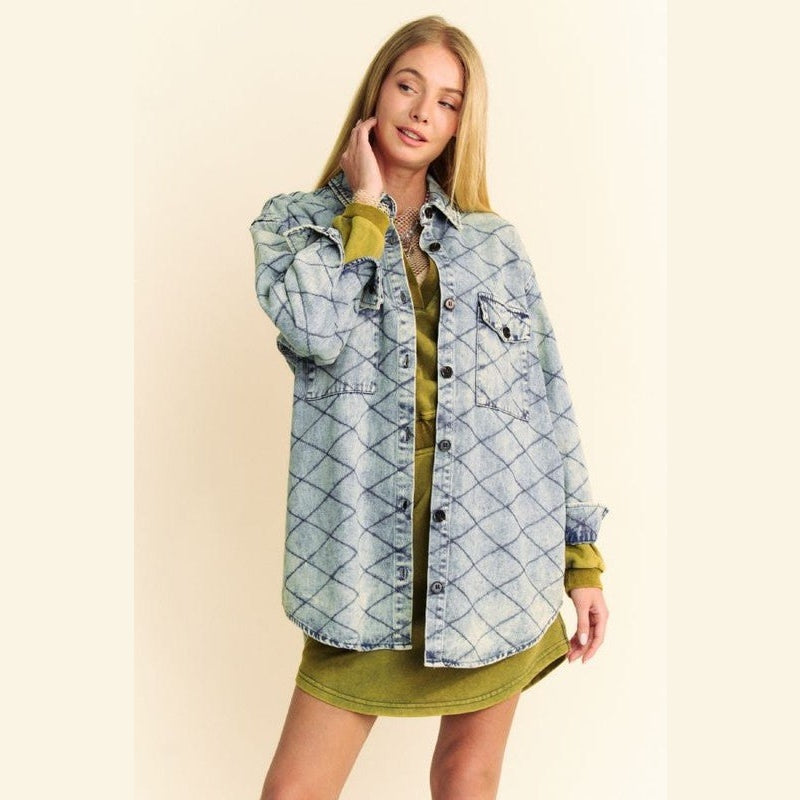 Davi & Dani Curved Hem Diamond Quilted Button Up Denim Shacket