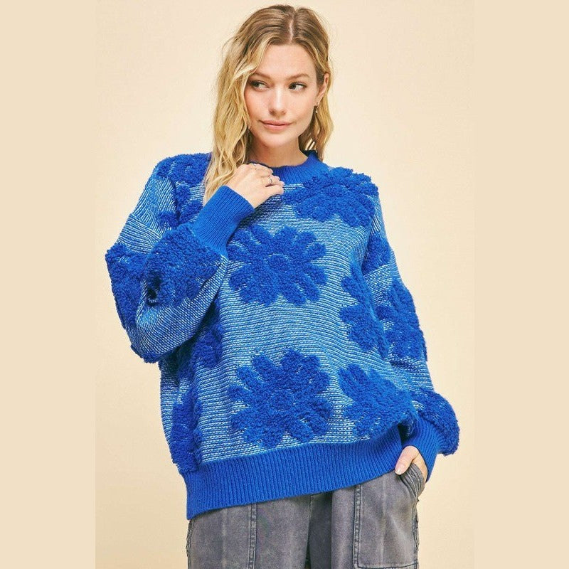 Davi & Dani Flower Texture Round Neck Dropped Shoulder Sweater