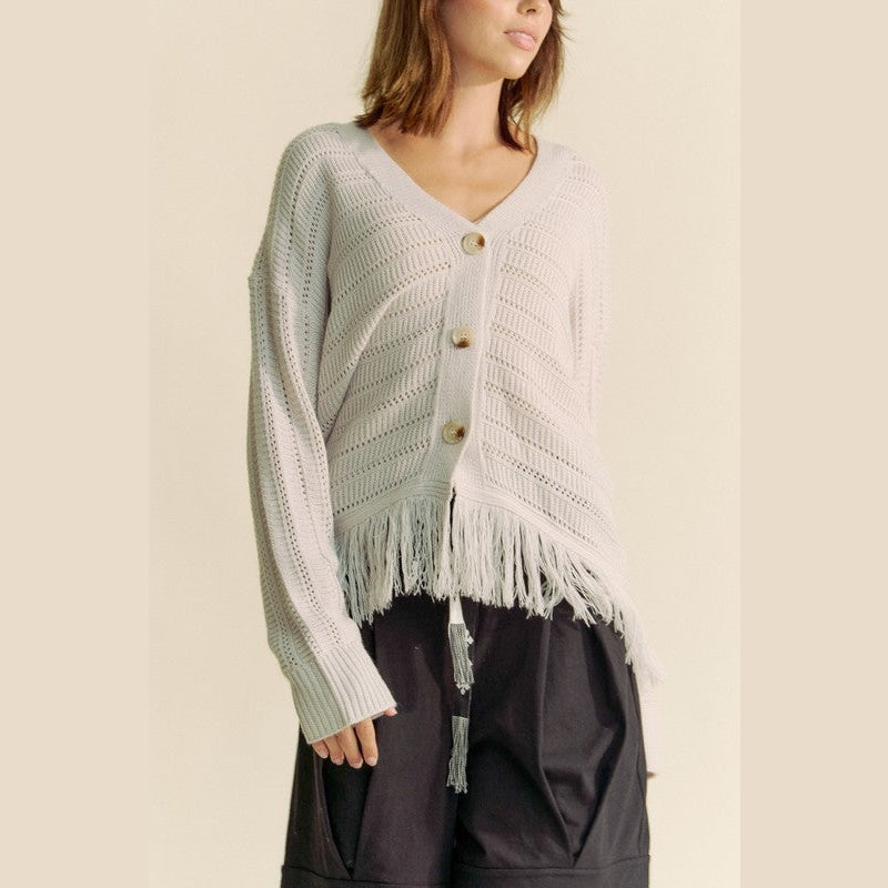 Davi & Dani Fringe V-Neck Button Up Long Sleeve Cardigan