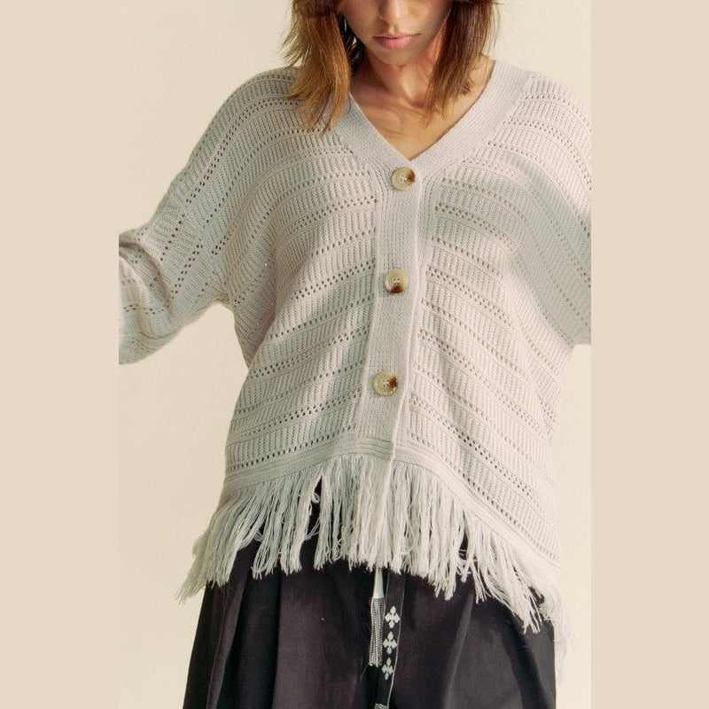 Davi & Dani Fringe V-Neck Button Up Long Sleeve Cardigan