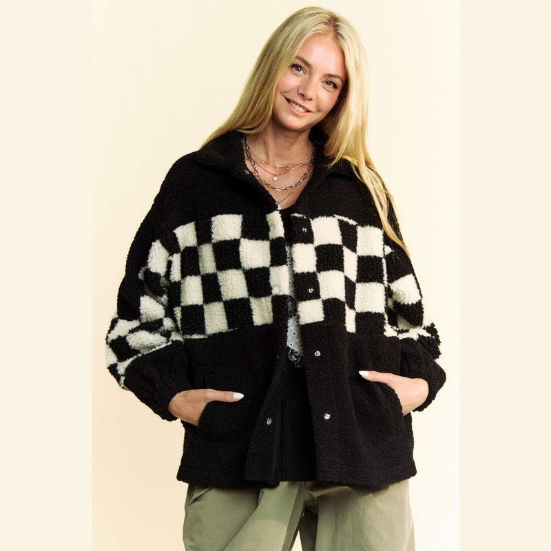 Davi & Dani Full Size Checkered Snap Down Faux Fur Jacket