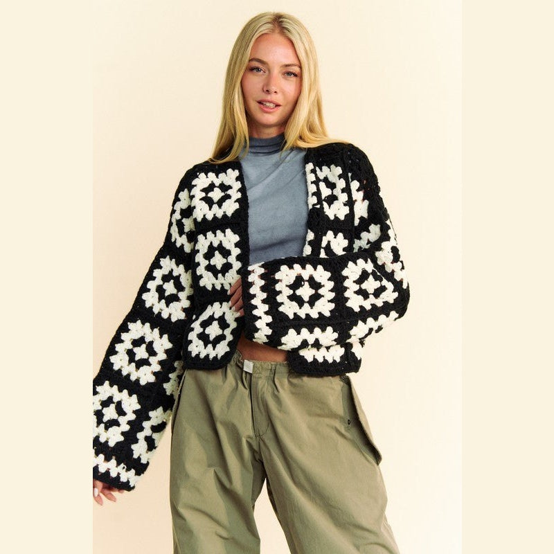 Davi & Dani Full Size Two Tone Flower Square Crochet Open Front Cardigan