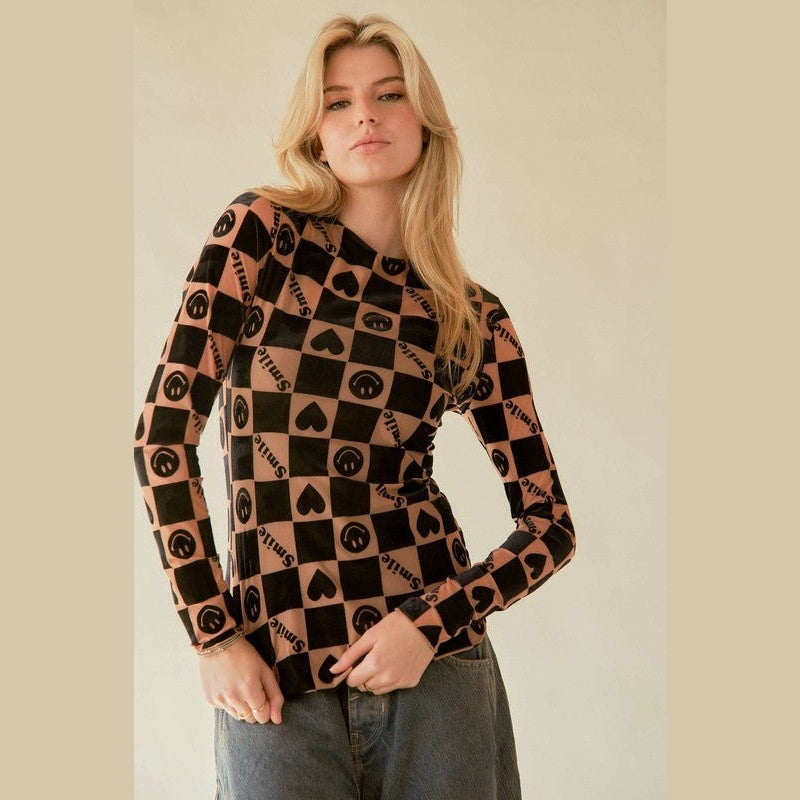 Davi & Dani Heart Print Long Sleeve Top