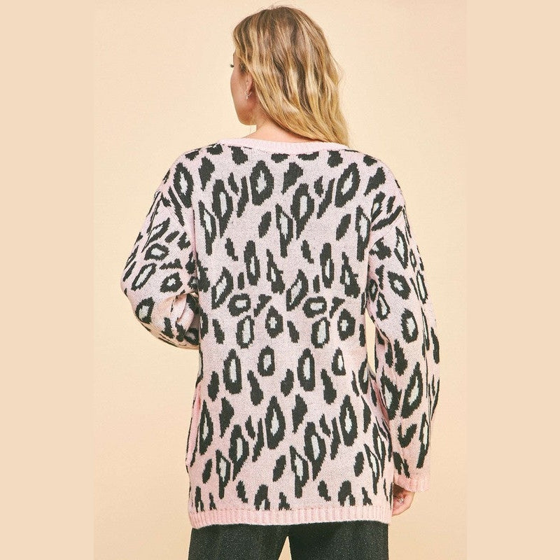 Davi & Dani Leopard Ribbon Tie Front Loose Fit Cardigan