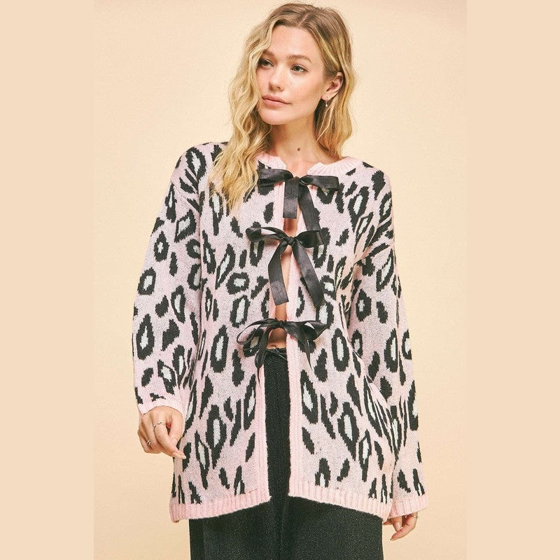 Davi & Dani Leopard Ribbon Tie Front Loose Fit Cardigan