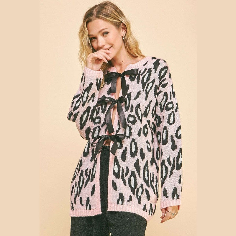 Davi & Dani Leopard Ribbon Tie Front Loose Fit Cardigan