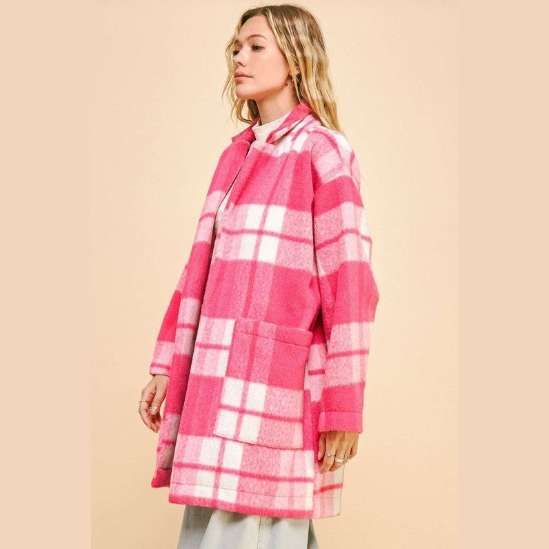 Davi & Dani Plaid Open Front Drop Shoulder Longline Coat