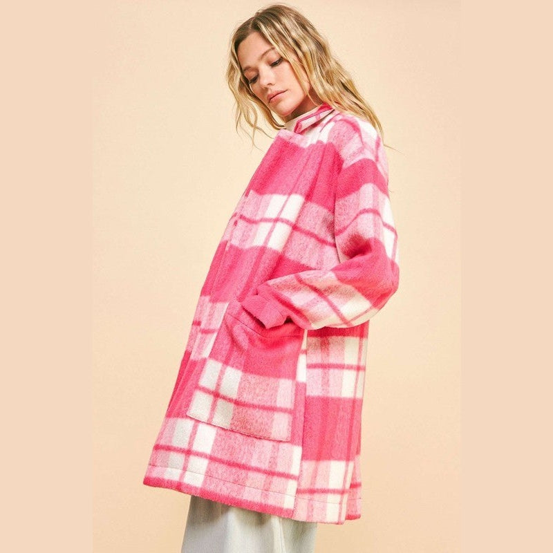 Davi & Dani Plaid Open Front Drop Shoulder Longline Coat