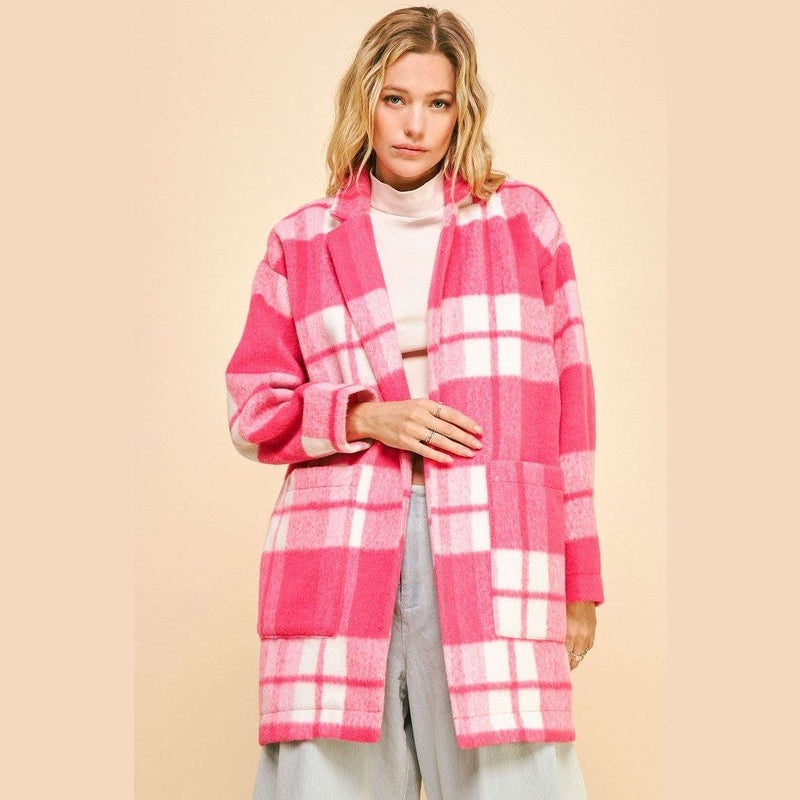 Davi & Dani Plaid Open Front Drop Shoulder Longline Coat