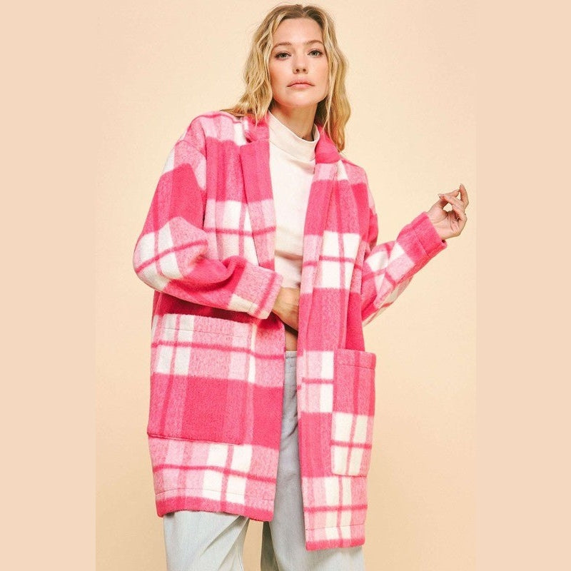 Davi & Dani Plaid Open Front Drop Shoulder Longline Coat