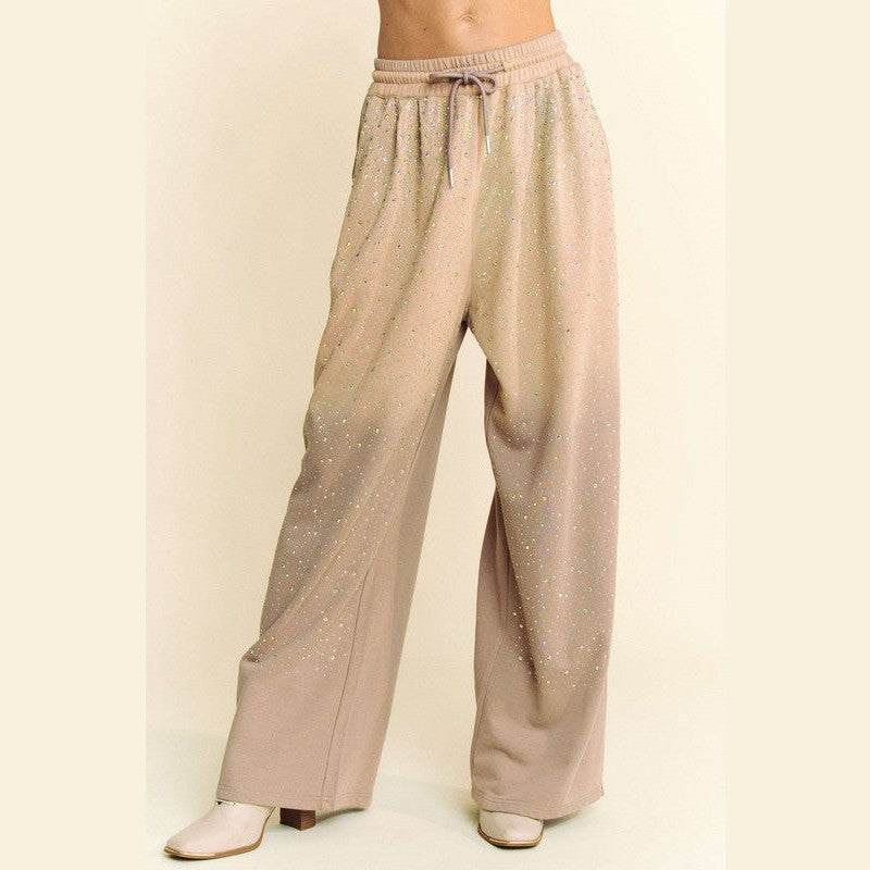 Davi & Dani Rhinestone Drawstring Wide Leg Pants