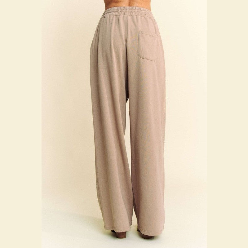 Davi & Dani Rhinestone Drawstring Wide Leg Pants