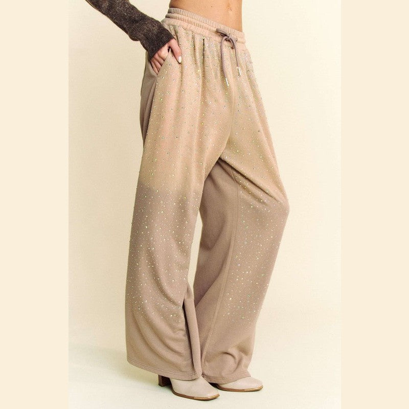 Davi & Dani Rhinestone Drawstring Wide Leg Pants