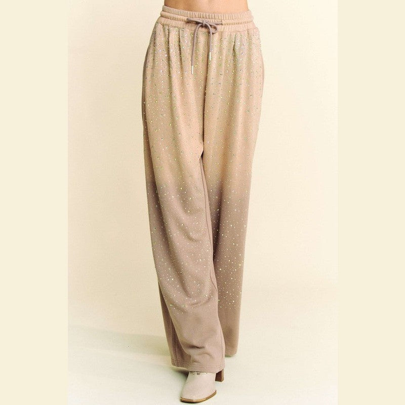 Davi & Dani Rhinestone Drawstring Wide Leg Pants